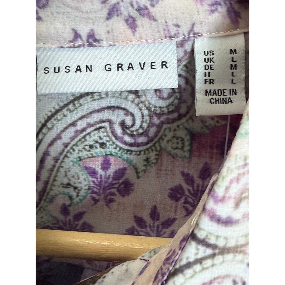 NEW Susan Graver Womens Medium Pink Purple Paisley Button Up Shirt Blouse - Picture 3 of 9